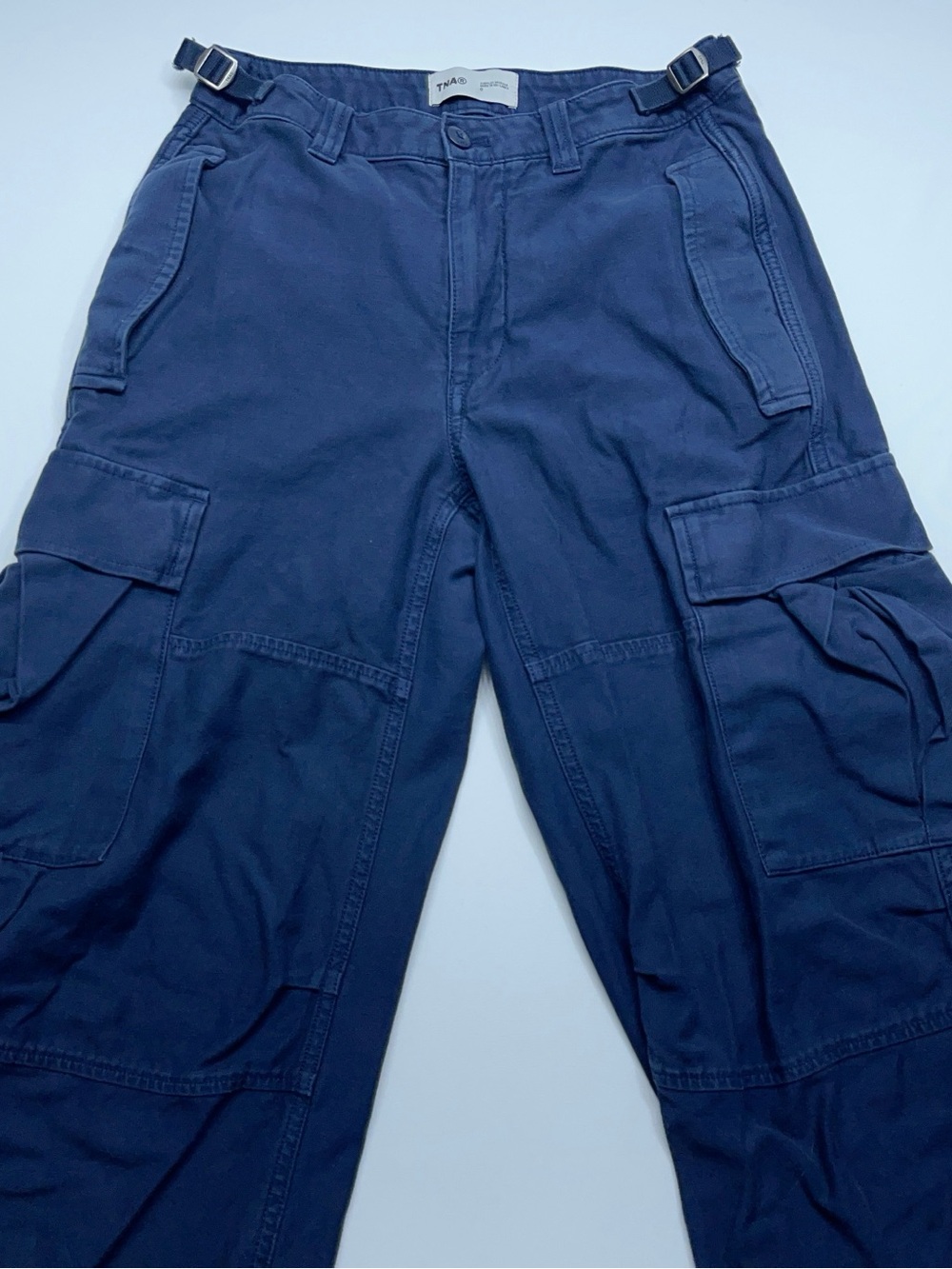 TNA Surplus Baggy Cargo Pants Womens Size 0 Blue Drawstring Legs 28” Inseam